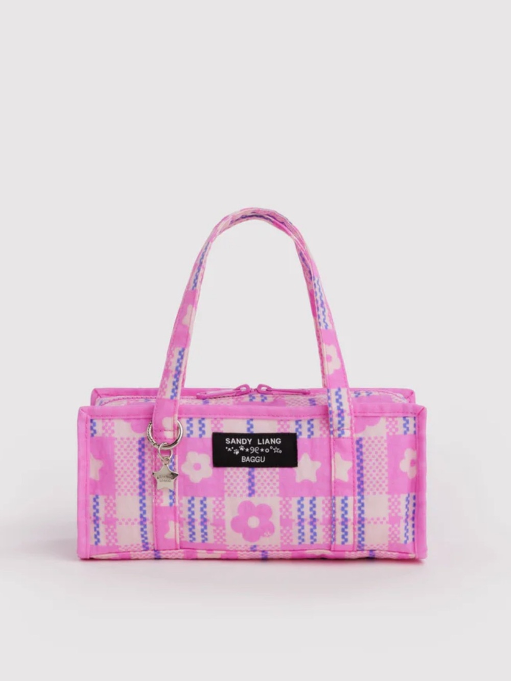 Sandy Liang Pink Plaid Mini Nylon Tote with Floral Stars